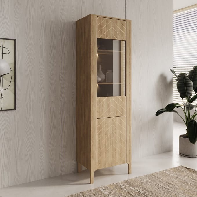 Meubella - Montera - Vitrinekast met LED - Eikenpatroon - 60x41x198 cm