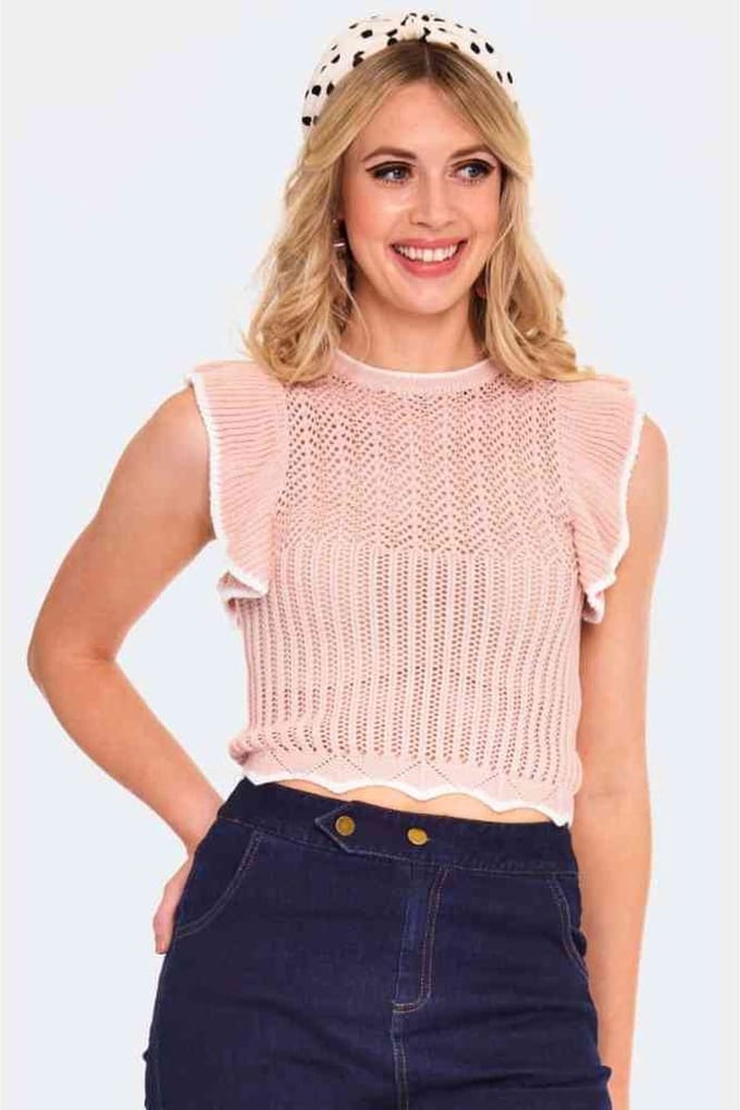 Voodoo Vixen - Ruffle Round Neck Knitted Mouwloze top - M - Beige