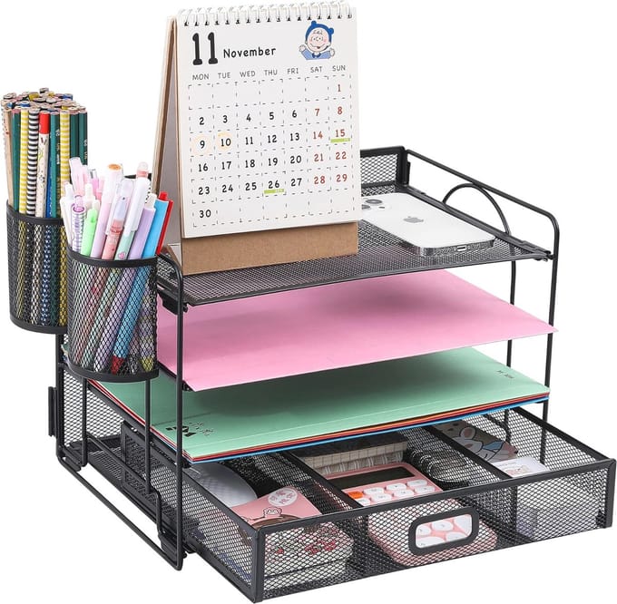 Desktop Organizer met 4 Laden - Multifunctionele Bureaubenodigdheden Organisator (Zwart)