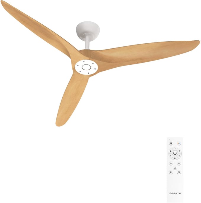 CREATE - Stille plafondventilator 100% hout 40W (Ø132cm) - Geen licht - Afstandsbediening - 6 snelheden - Programmeerbaar - WIND CENTURY