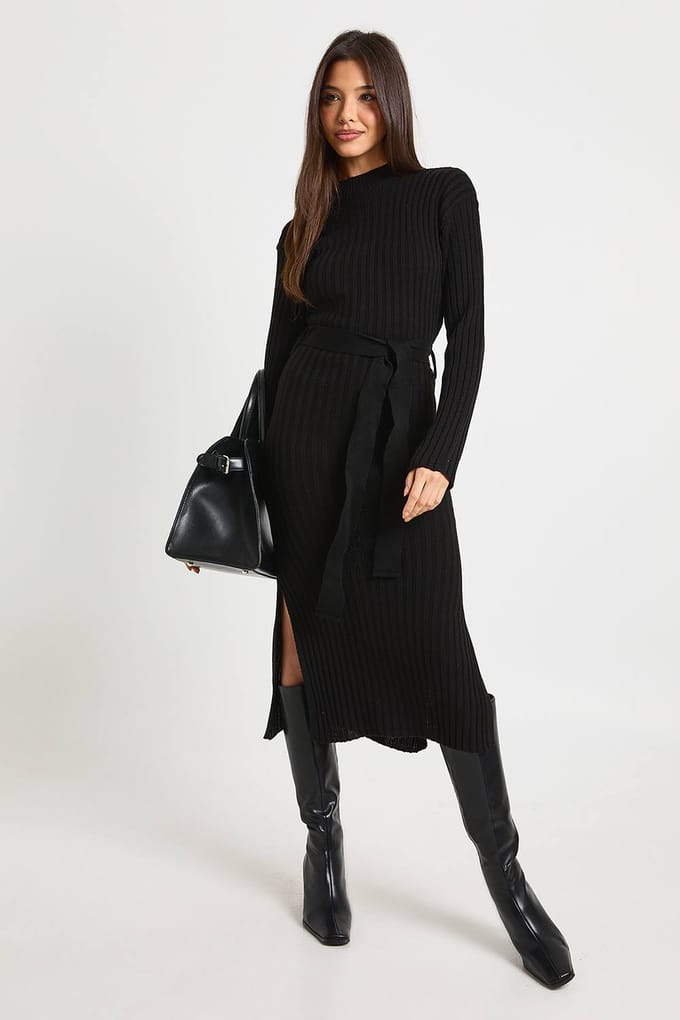boohoo Dames Rib Knit Tie Waist Midaxi Jurk | Black | Maat: Medium