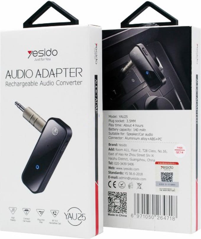 Yesido - Audio-Adapter -bluetooth ontvanger aux ingang transmitter Rechargeable-Audio-Converter - YAU25