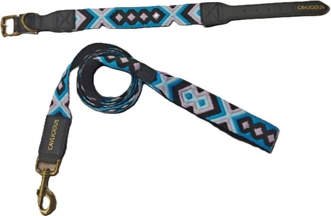 Cavlicious® honden halsband met riem - veganleder - windhonden - blauw - M