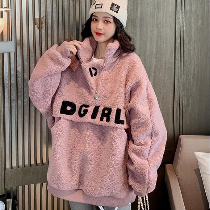 Pull Printemps et Automne pour Femmes Ample Grande Taille Automne et Hiver Col Montant Lâche Haut à Fermeture Éclair 2XL rose
