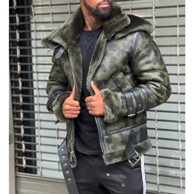 Camouflage Groot Haar Dubbele Nek Riemgesp Heren Leren Jas XXL gray