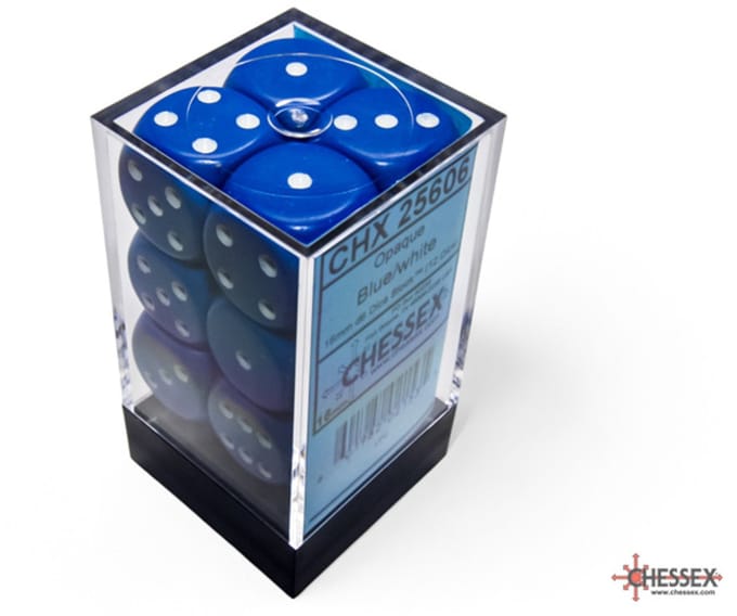 Chessex 12 x D6 Set Opaque 16mm - Blue/White