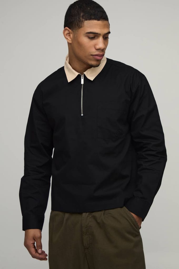 Oversized Boxy Quarter Zip Contrast Collar Poplin Shirt | Black | Size Large