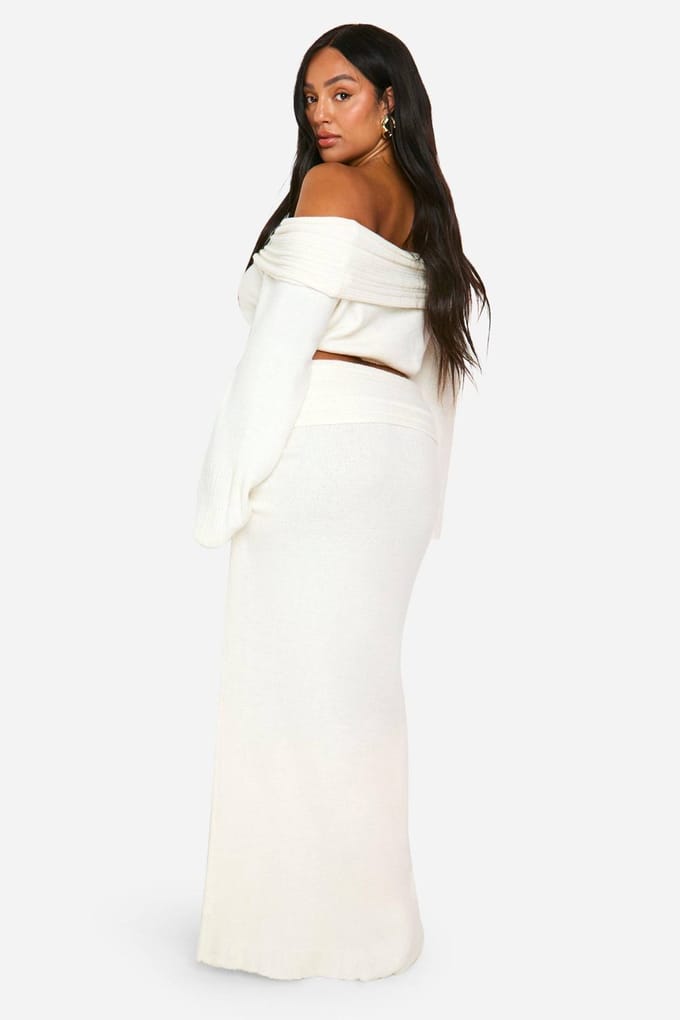 boohoo Dames Plus Rib Edge Vetersluiting Gebreide Maxi Rok | Creme | Maat: 44-46