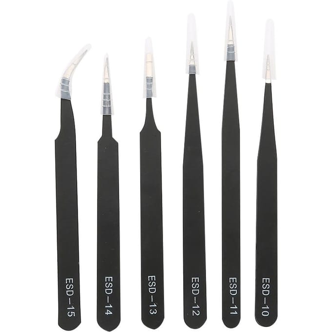 6PCS Anti static Tweezers Stainless Steel Tweezer Maintenance Tool black