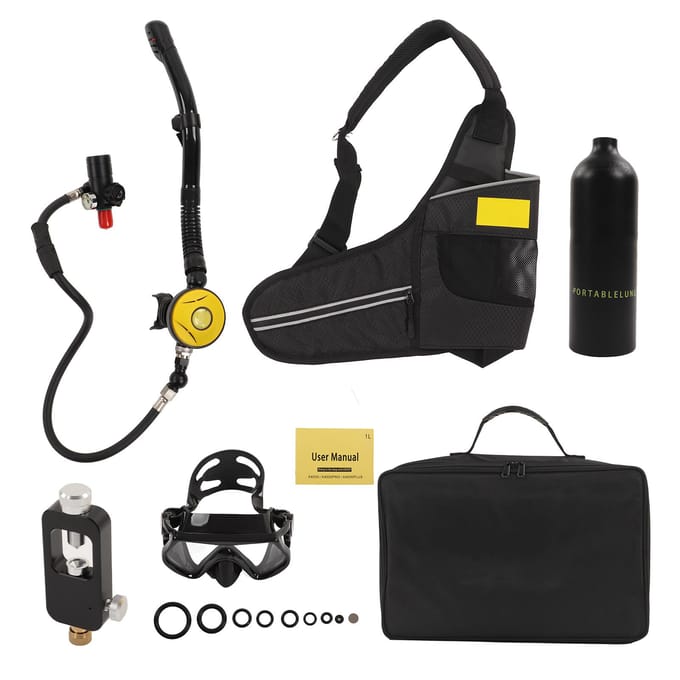 DIDEEP 1L Mini Duikfles Drukontlastingsklep Kit met Duikbril Band Tas Bijvuladapter Black black