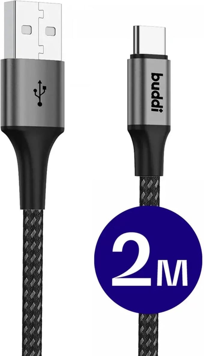 Buddi Flex | USB-A naar USB-C Kabel 12W Fast Charge 5V/2.4A | 480Mbps Dataoverdracht | Gevlochten Nylon | 2M | 2 Meter | Zwart
