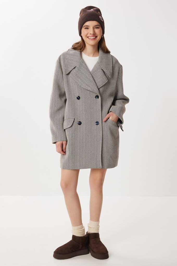 Oversized Haringbone Wol Katoenen Midi Overjas