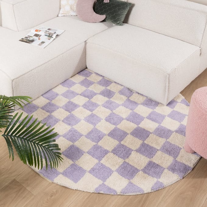 Fraai Rond retro vloerkleed - Gambit Lila/Wit - Ø 200cm