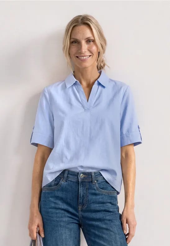 Chambrayblouse met korte mouwen en overhemdkraag