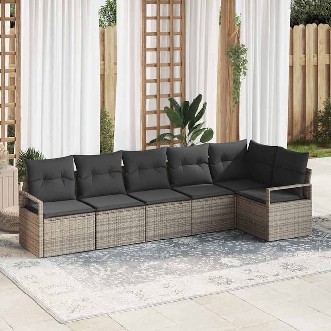 vidaXL Tuinbank Set met kussen met opslag 6 pcs Grijs poly rattan