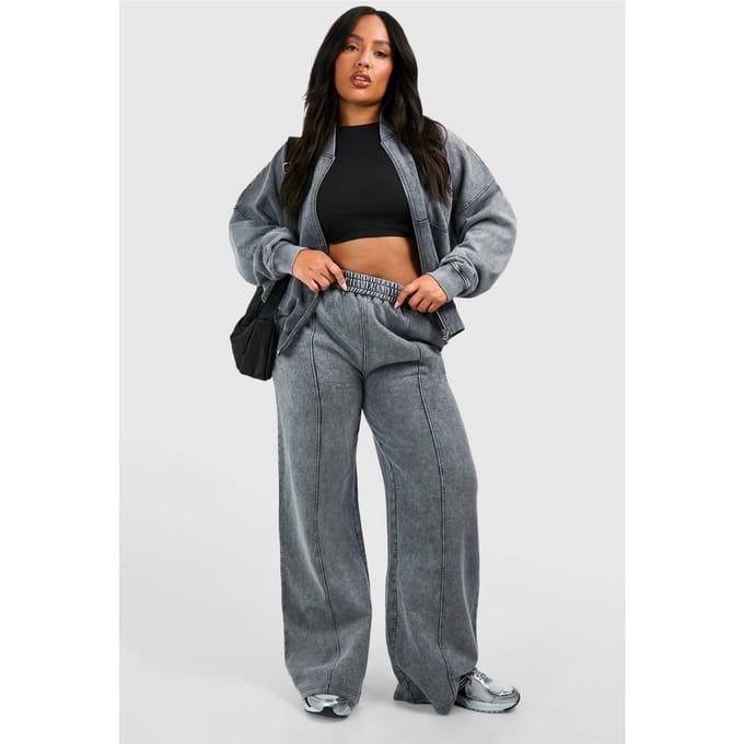 boohoo Dames Plus Washed Zip Through Bomber Straight Leg Trainingspak | Houtskool | Maat: 44