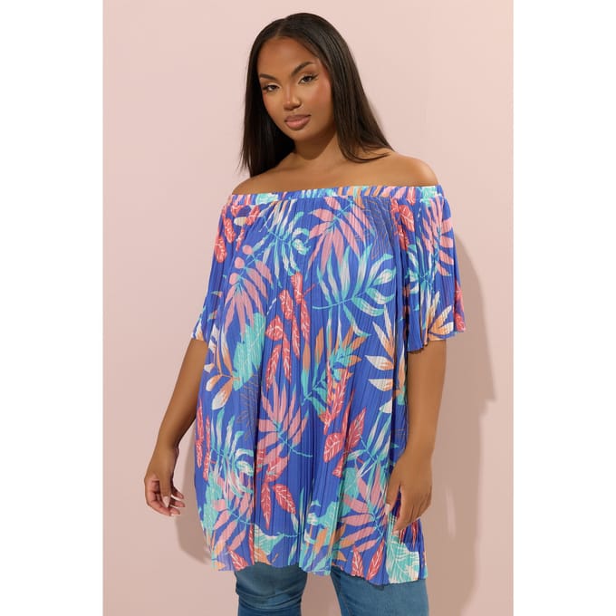Yours Blauwe Top Met Bladprint En Plooien Van Mesh Size 48
