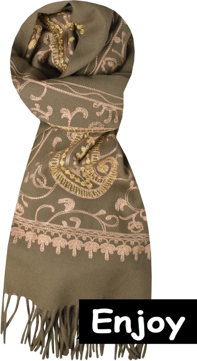 Sjaal- taupe- langwerpig -paisley print -natuurlijke materialen