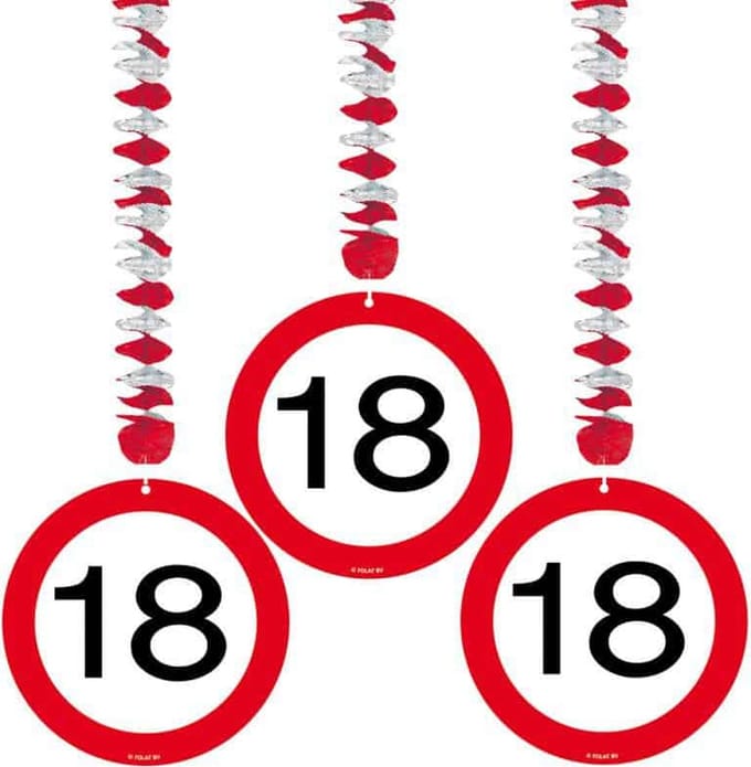 18 Jaar Verkeersbord Hangdecoratie - 3 stuks