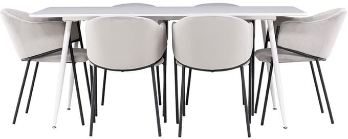 Silar eethoek tafel 90x180cm en 6 velours stoelen met armleuningen wit.