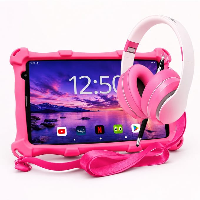 AngelTech Kinderpakket PRO MAX - Kindertablet PRO MAX + Kinderkoptelefoon - Android 16 - Combipakket - Kindertablet Vanaf 3 Jaar – Kinder Tablet – Kids Tablet - Tablet voor Kinderen - Roze