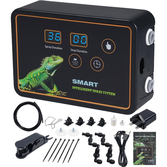 Système de brumisation intelligent pour reptiles Système de pulvérisation intelligent 2 buses de pulvérisation Crochet de réglage à 360 degrés ou UK plug noir