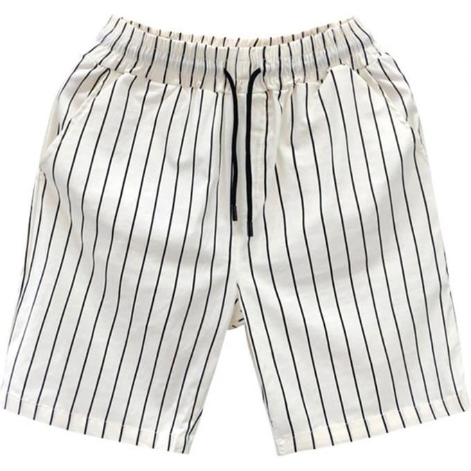 Short d'été pour homme avec taille élastique et cordon de serrage réglable, imprimé rayé, style urbain, poches, jambes larges, short décontracté M blanc