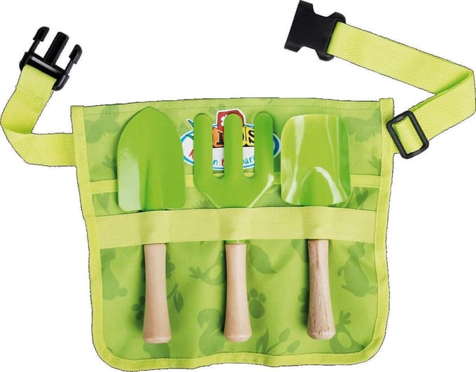 Kinderschort met tuingereedschap