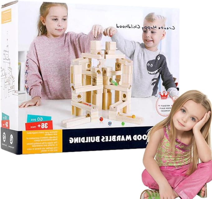 Houten Knikkerbaan - Puzzel Spel - Educatief Spelen - Dynamische Steekconstructie - 60 Delen - Houtkleurig