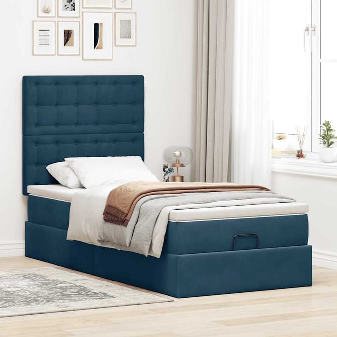 vidaXL - Ottoman - bed - met - matrassen - 90x190cm - fluweel - donkerblauw