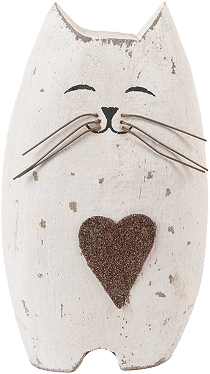 Clayre & Eef Decoratie Beeld Kat 8x6x14 cm Wit Bruin Hout