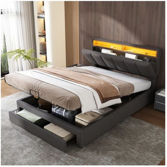 Lit rembourré avec éclairage LED, lit double avec ressorts et cadre en acier, lin, 140*200 cm, gris