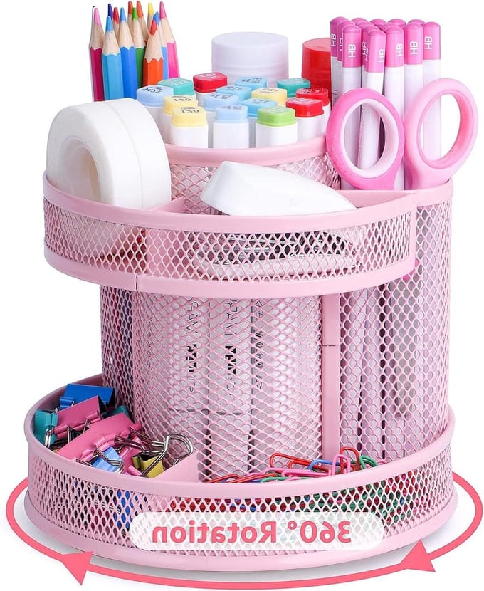 Roterende pennenhouder - bureau organizer van metaaldraad - roze - voor school en kantoor