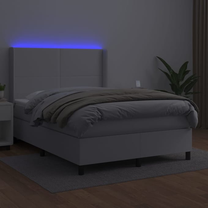 vidaXL - Boxspring - met - matras - en - LED - kunstleer - wit - 140x200 - cm