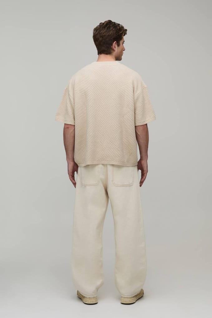 Oversized Geometric Textured Stitch Knitted T-Shirt | Stone | Size Small