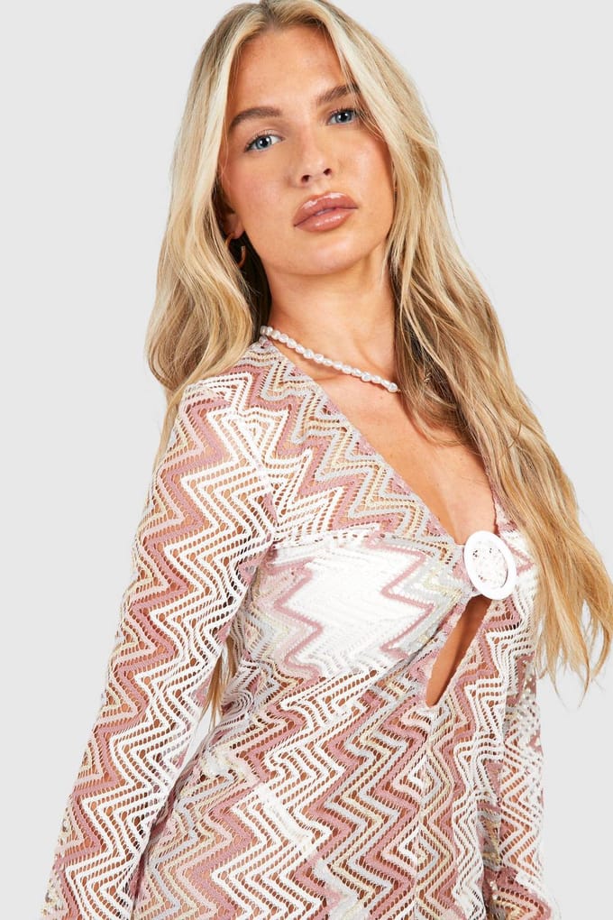 boohoo Dames Zig Zag Knit O-ring Beach Maxi Jurk | Wit | Maat: Medium