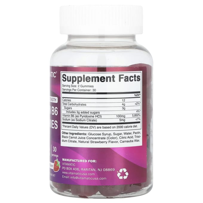 Vitamatic, vitamine B6, extra sterk, bessensmaak, 100 mg, 60 gummies (50 mg per gummy)