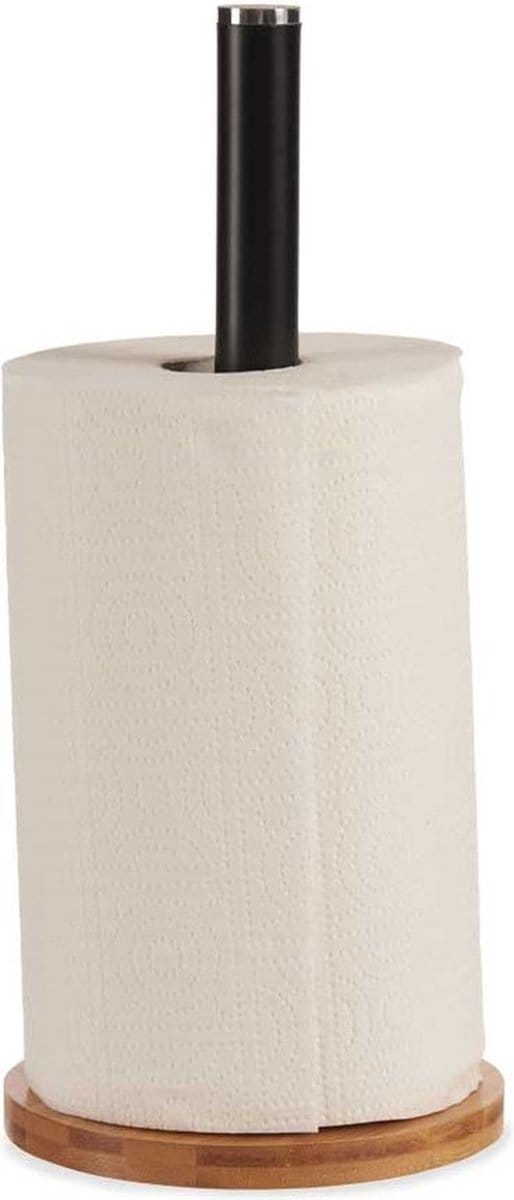 Stijlvolle basic bamboe hout/metalen keukenrolhouder hout/zwart 15 x 34 cm