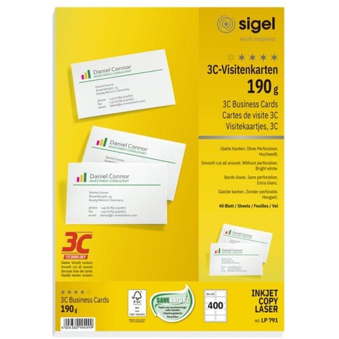 Sigel visitekaartjes wit 85x55 mm 190 gram 400 stuks