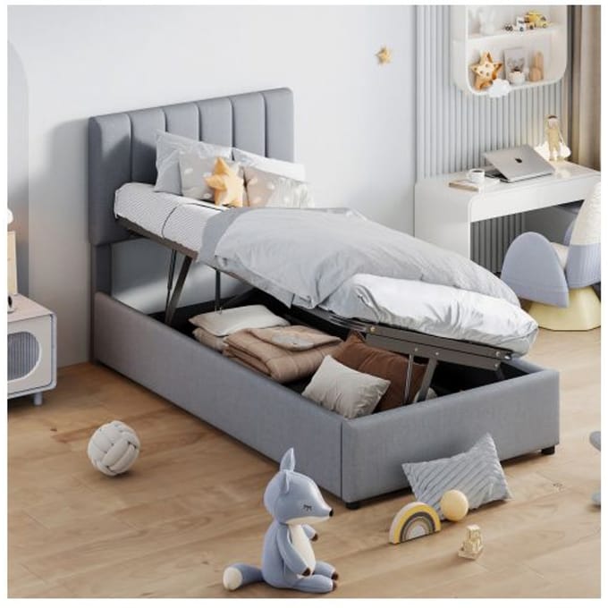 Lit d'enfant - MUVOE - 90x200 cm - Rangement hydraulique - Tissu en lin doux - Gris gris