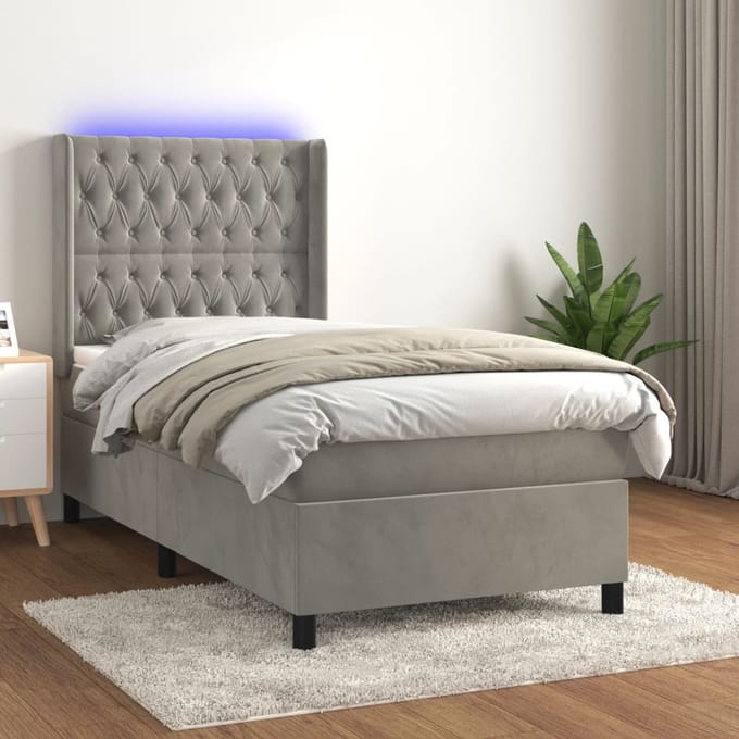 vidaXL - Boxspring - met - matras - en - LED - fluweel - lichtgrijs - 90x190 - cm