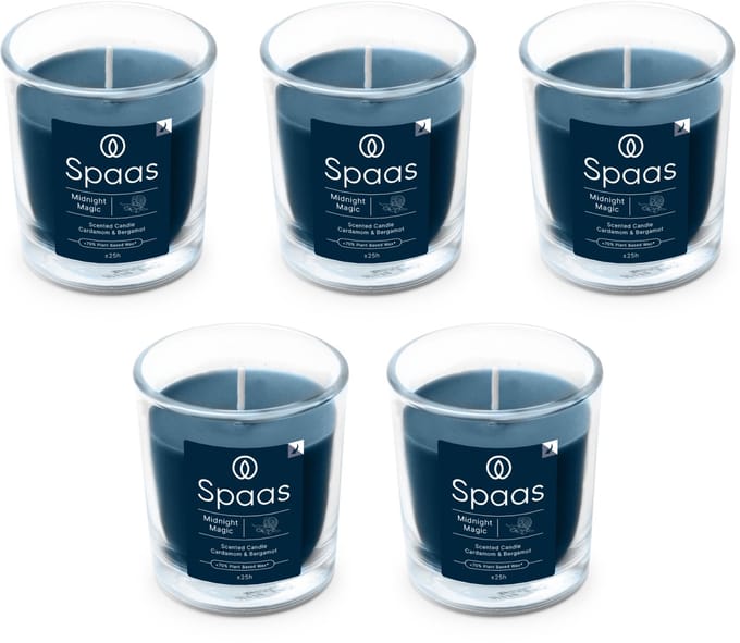 Spaas Geurkaars in glas - Set van 5 kaarsen - Kardemom en Bergamot - circa 25u - Midnight Magic