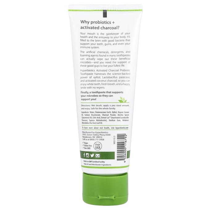 Hyperbiotics, Activated Charcoal Probiotic Toothpaste, Spearmint, 4 oz (113 g) white