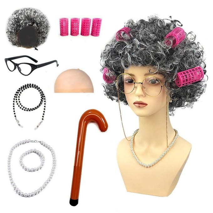 Ensemble de perruques grises, perruque de costume de vieille dame One size fits all adults gris