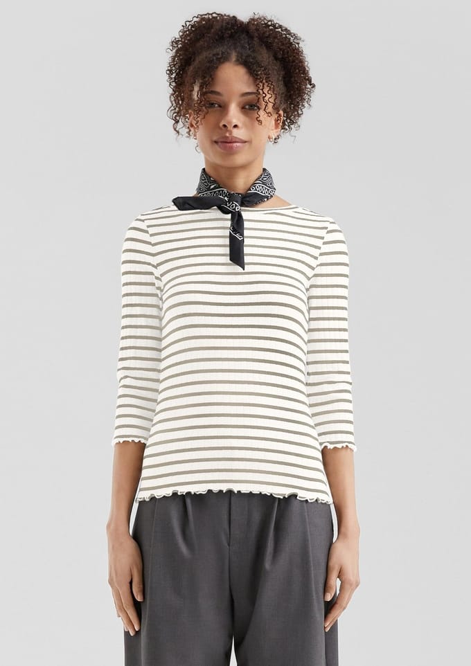 Gestreept T-shirt met 3/4-mouwen en ribbelstructuur voor dames QS