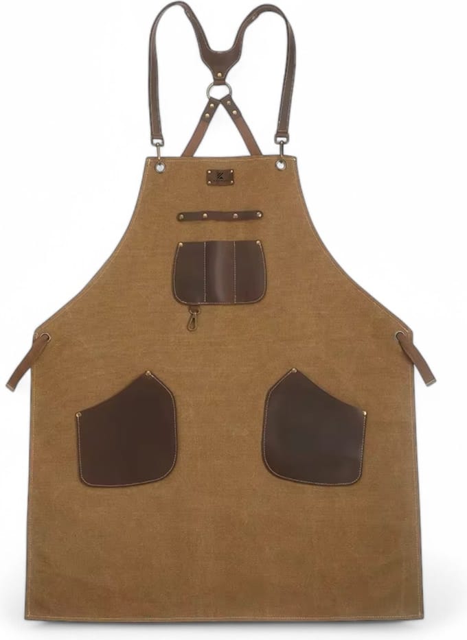 KAAMUT® Luxe BBQ Schort – Canvas & Premium Leer – Verstelbaar Keukenschort – Stijlvol, Beschermend & Functioneel