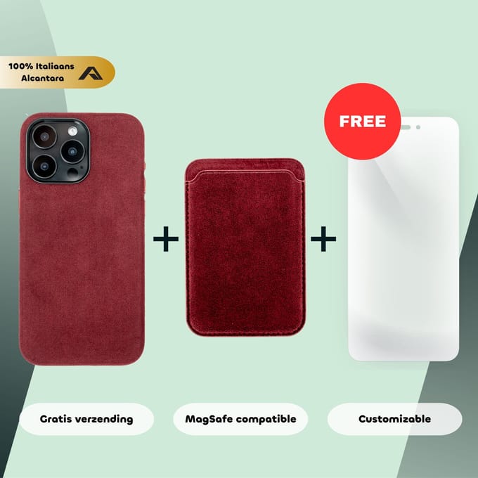 iPhone 16 Pro Max – Alcantara Case + MagSafe Wallet + Gratis Screenprotector | Ruby Red