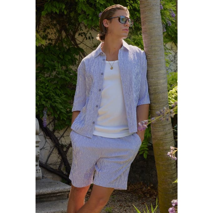 Gestreepte Seersucker Geborduurd Boxy Oversized Shirt & Short Set | Navy | Size Small
