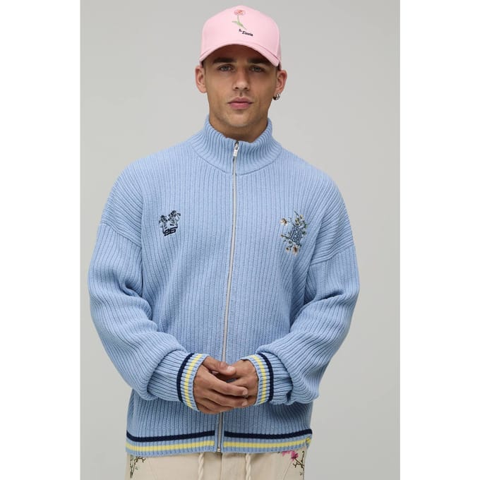 Geribbeld Gebreid Trainingsjack Met Trechterkraag En Borduursel | Light Blue | Size Medium