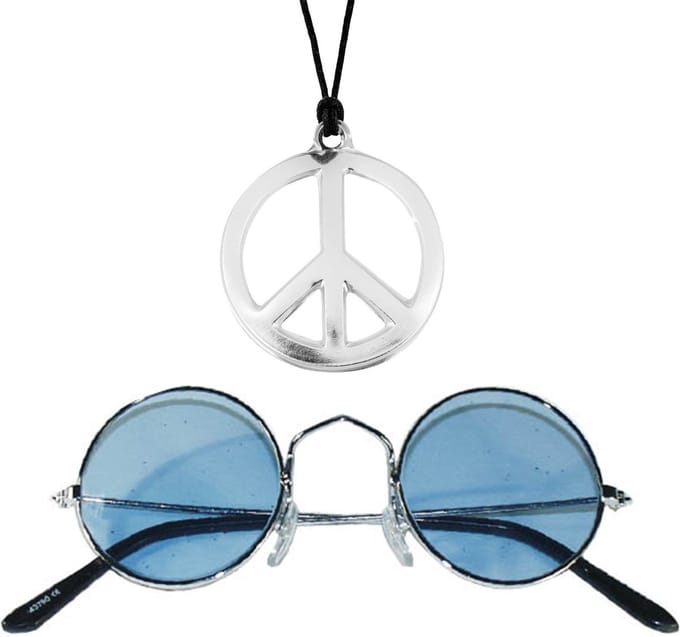 Hippie Flower Power sieraden set peace-sign ketting met groovy bril